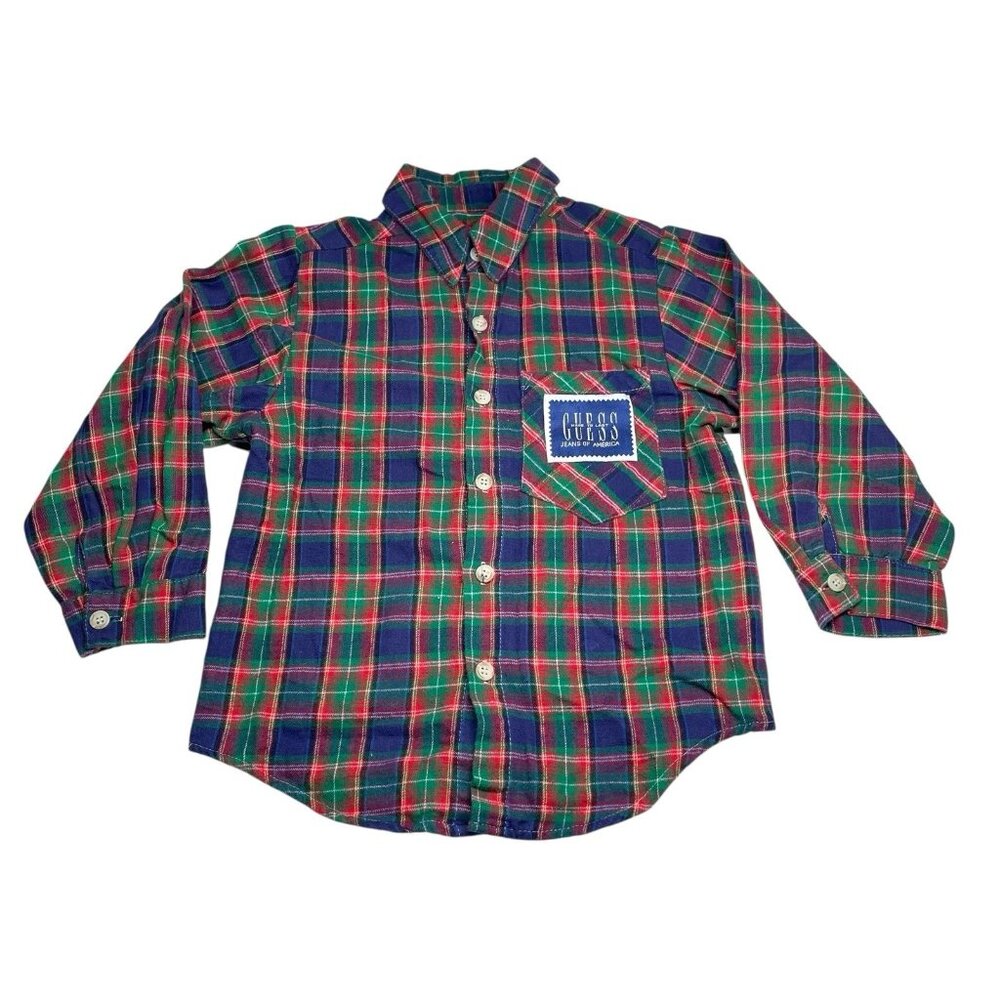 Vintage 90s GUESS Boys Flannel Plaid Shirt LS Buttons Logo USA Boys Size XL